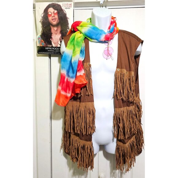 Hippie Costume Groovy 60s 70s Sunglasses Vest Hippy Wig Psychedelic Scarf Mens - Picture 1 of 6